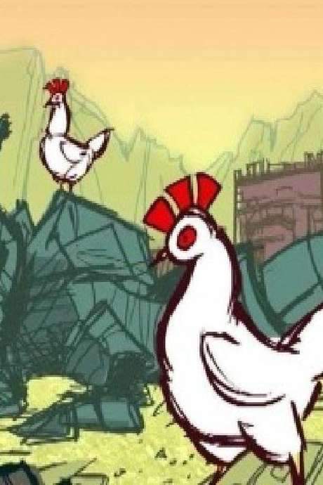    A duty-bound rooster fights ancient stone monsters to defend his witless hens.  